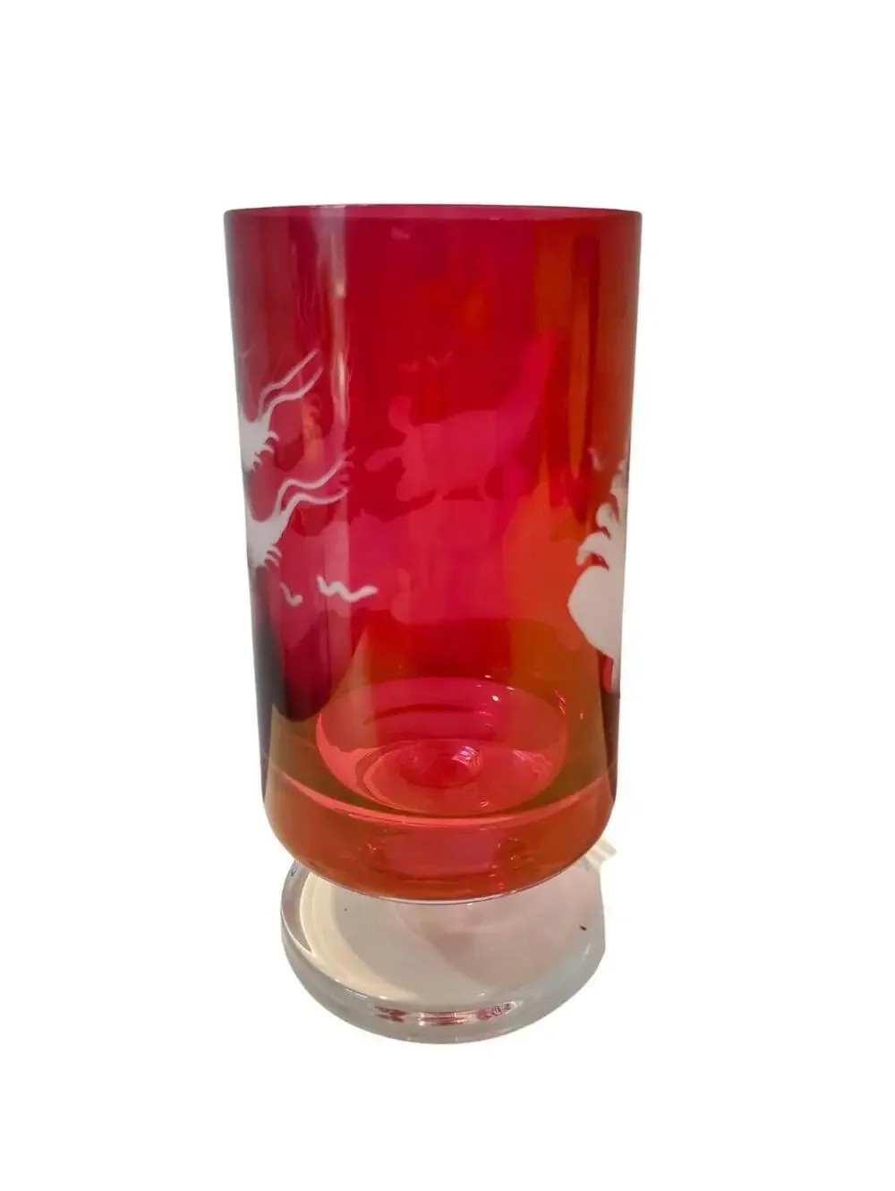 Vtg Riedel Tyrol Cranberry Etched Crystal Footed Drinking Glass Hunting Motif